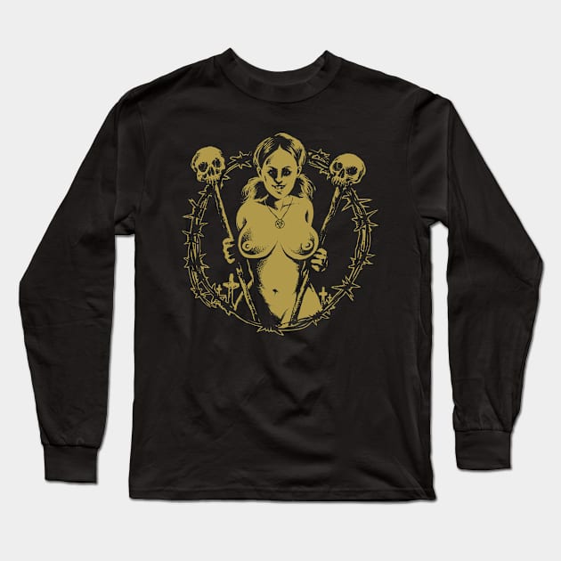 Satanic Babe (gold version) Long Sleeve T-Shirt by wildsidecomix